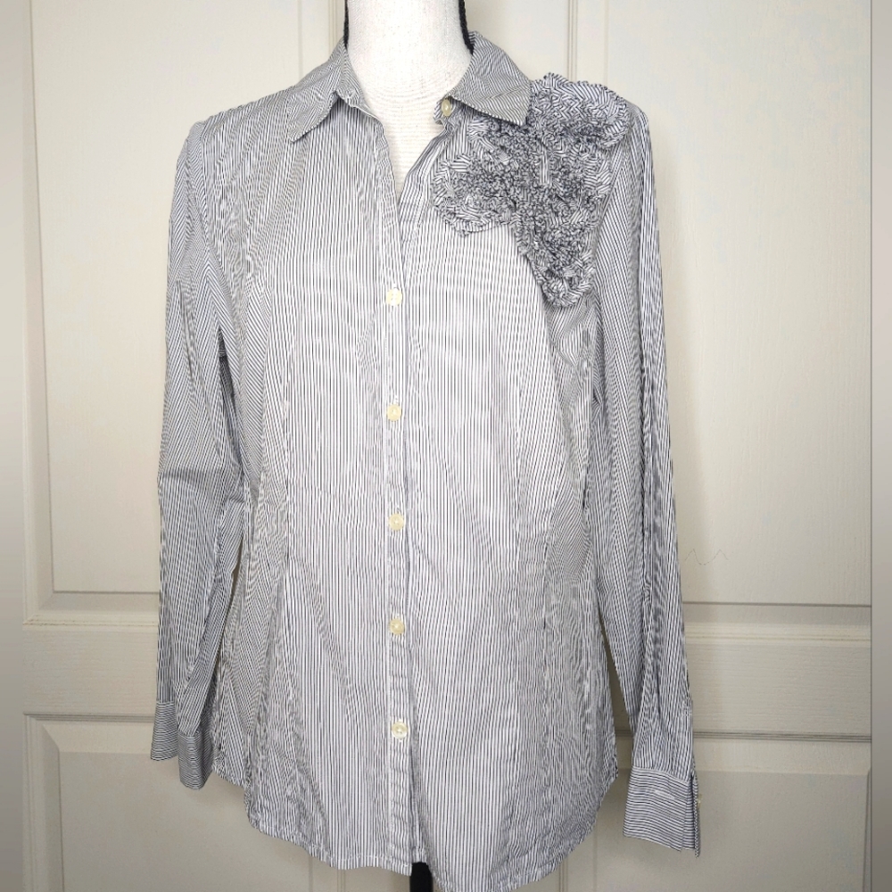 Vintage Loft Button Down Long-Sleeve Collared Top with Ruffle Detail